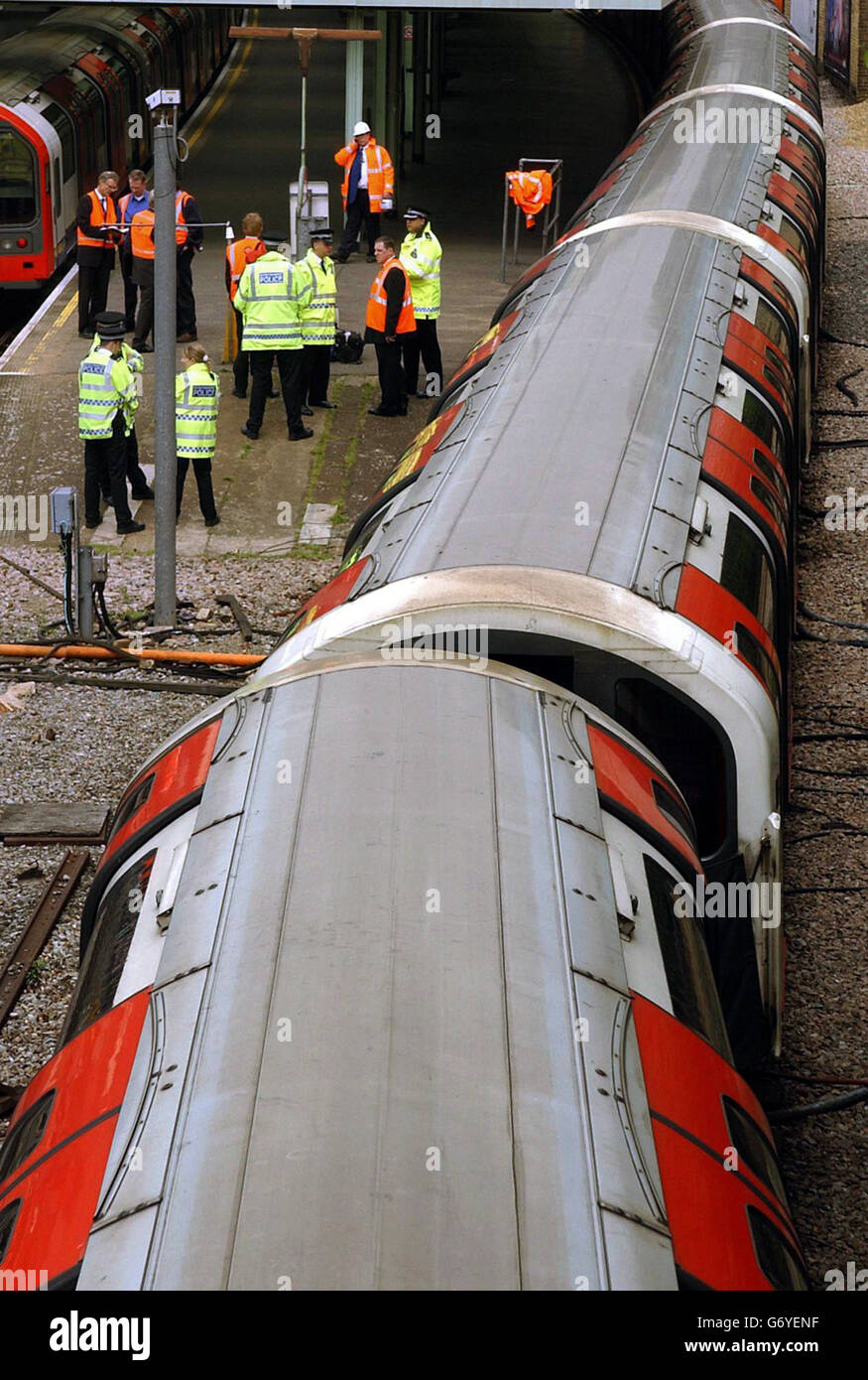 A derailed train at White City underground station in west London. None of the 150 passengers were hurt in the incident, which is the fourth derailment on the tube network in less than sixteen months. Stock Photo