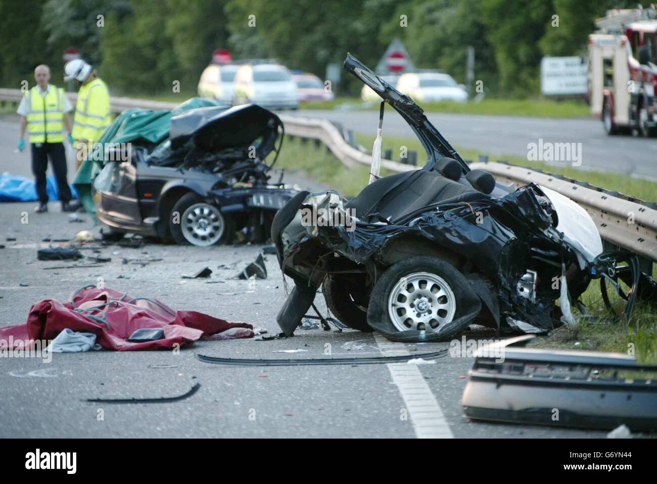 Emergency services attend the scene of a a major road accident on the north-bound carriageway of the A23 at Pyecombe near Brighton, where six people were killed. Stock Photo