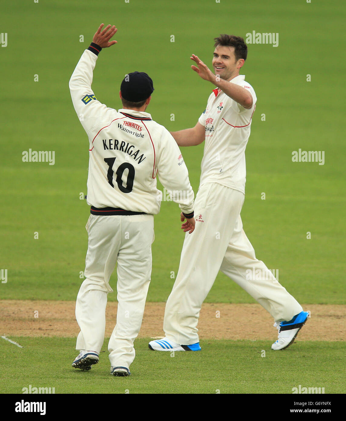Lancashire's James Anderson celebrates the wicket of Nottinghamshire's Michael Lumb during the LV=County Championship, Division One match at Trent Bridge, Nottingham. Stock Photo