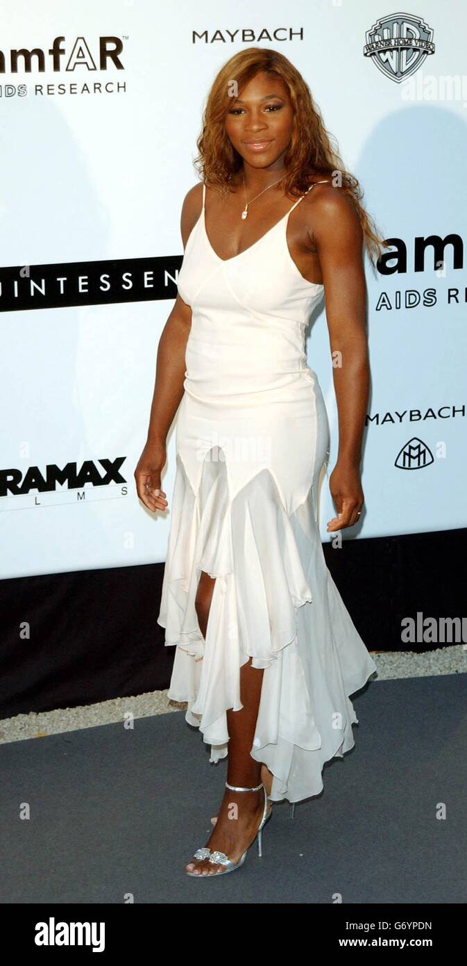 Professional tennis player Serena Williams arrives for the amfAR (American Foundation for AIDS Research) 'Cinema Against AIDS 2004' party at the Le Moulin de Mougins restaurant, as part of the 57th Cannes Film Festival in France. Stock Photo