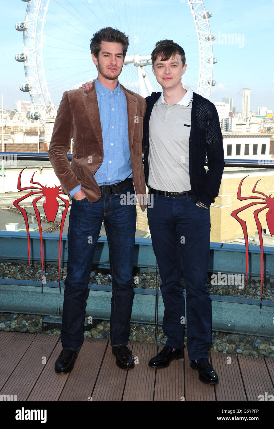 Andrew Garfield and Dane DeHann attending a photocall for new film The Amazing Spiderman at the Westminster Plaza Hotel, London. PRESS ASSOCIATION Photo. Picture date: Wednesday April 9, 2014. Photo credit should read: Ian West/PA Wire Stock Photo