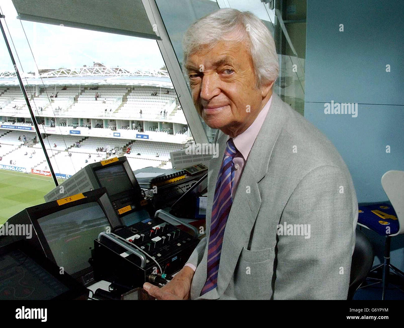 Channel 4 cricket presenter Richie Benaud in his commentary box its his 500th test as a player/presenter at Lords. Stock Photo