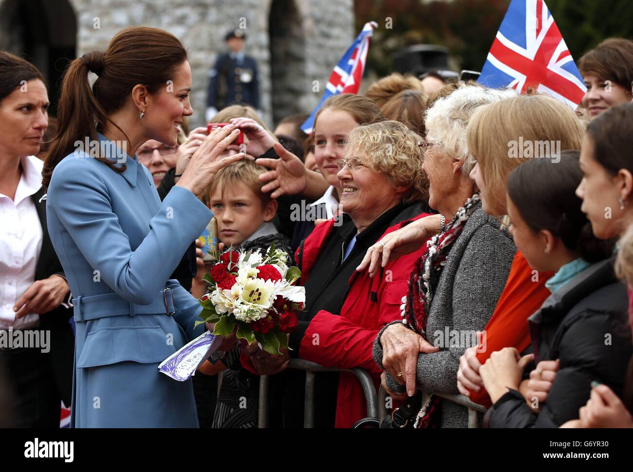 The Duchess of Cambridge, talks with members of the crowd after laying a wreath at the war memorial in Seymour Square in the town of Blenheim in New Zealand. The royal couple are undertaking a 19-day official visit to New Zealand and Australia with their son George. Stock Photo