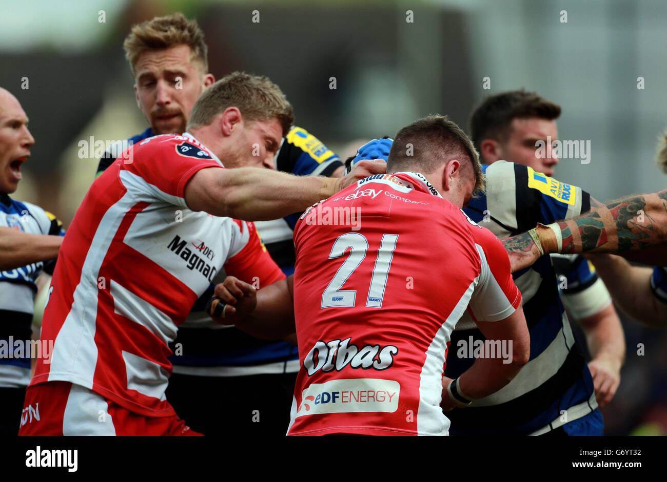 Fighting breaks out between Gloucester and Bath players after Bath are awarded a penalty try during the Aviva Premiership match at Kingsholm Stadium, Gloucester. Stock Photo