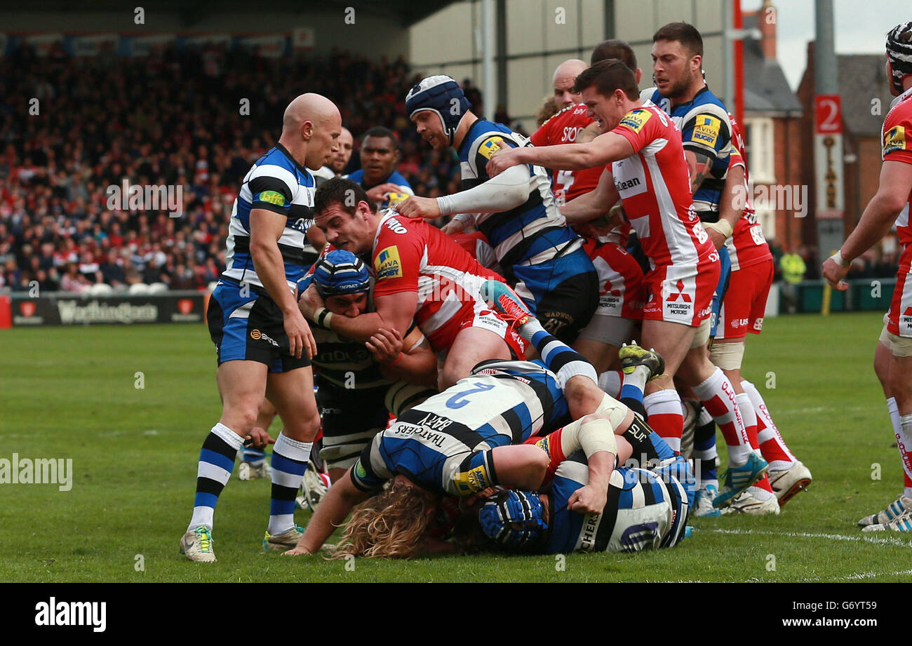 Fighting breaks out between the Gloucester and Bath players after Bath are awarded a penalty try during the Aviva Premiership match at Kingsholm Stadium, Gloucester. Stock Photo