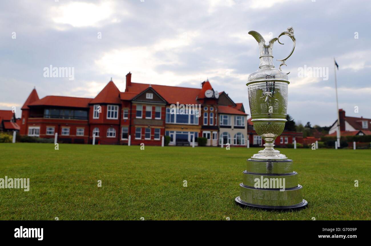 Golf - The Open championship 2014 - Media Day - Royal Liverpool Golf Club. The Claret Jug in front of the Club house during a media day at the Royal Liverpool Golf Club, Hoylake. Stock Photo