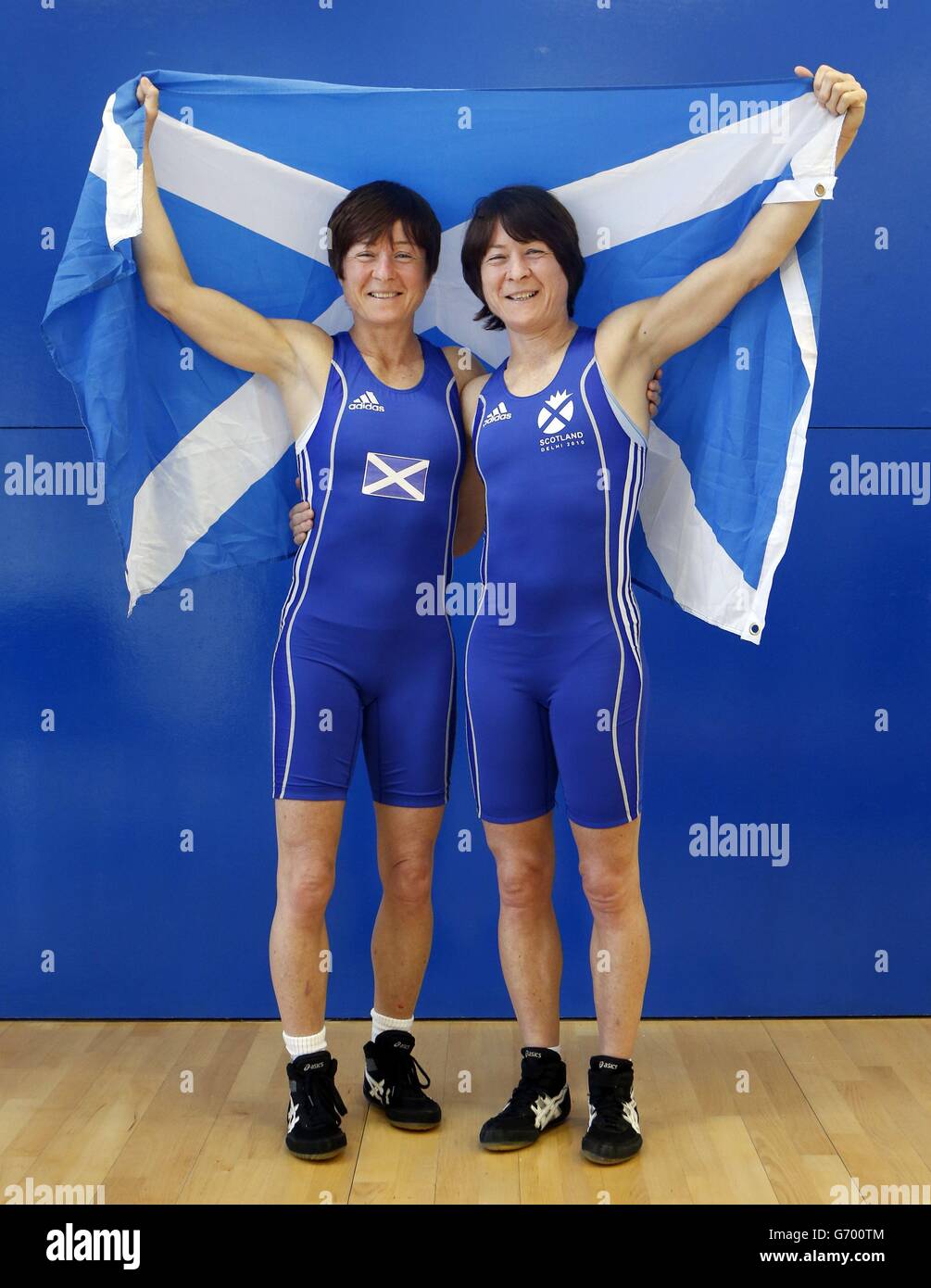 Glasgow 2014 Commonwealth Games Team Scotland Wrestlers, twin sisters Fiona Robertson (left) and Donna Robertson (right), during the announcement at Olympia Boxing Gym, Glasgow. Stock Photo