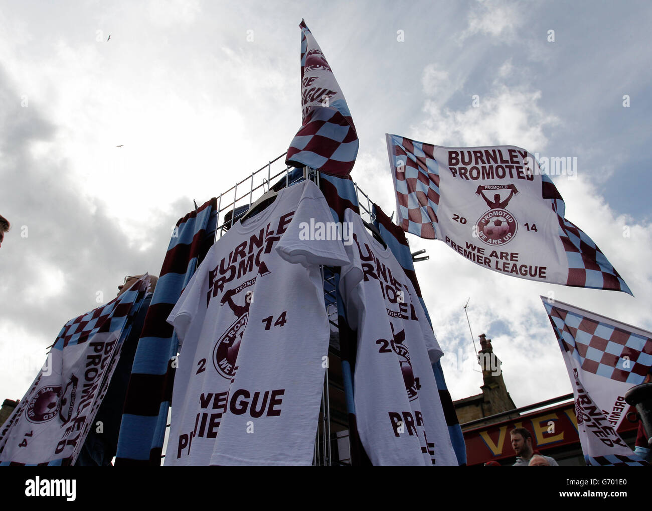 Burnley Promoted flags outside the stadium before the Burnley v Ipswich match at Turf Moor Stock Photo