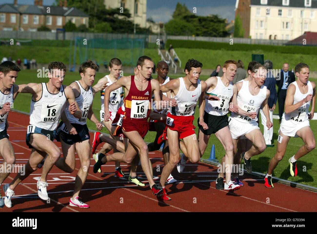 The Elite Men's 1 Mile gets under way at an athletics meet at Iffley Road sports ground in Oxford, to celebrate the 50th Anniversary of Sir Roger Bannister's sub-four-minute-mile. Sir Roger was a 25-year-old medical student when he recorded a time of 3 minutes 59.4 seconds for the mile on May 6 1954. Stock Photo