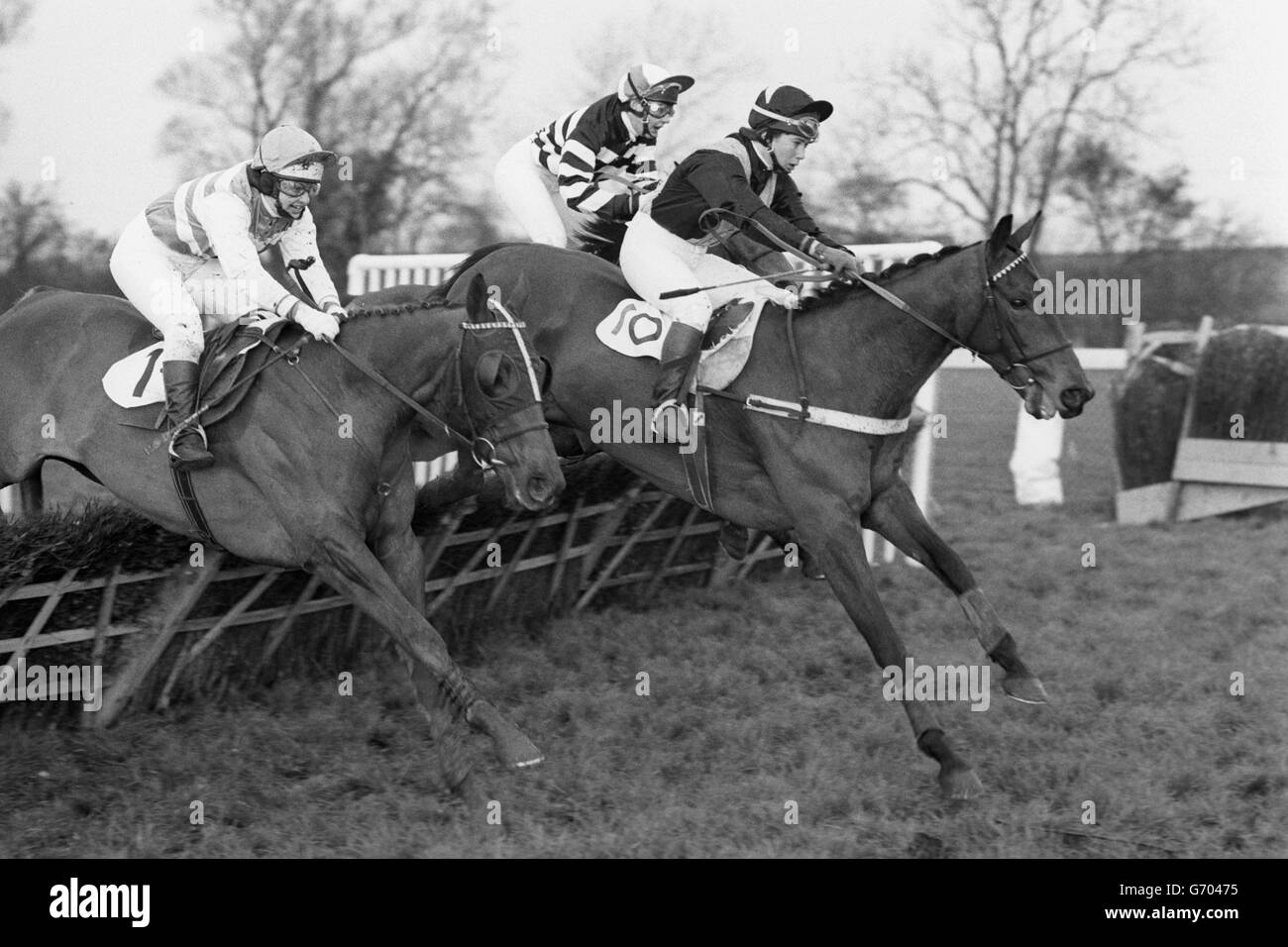 Horse Racing - Glen International Lady Riders only Handicap - Huntingdon Race Course. 'Fourth Tudor' with Sharron Murgatroyd up, (l) clears the fence behind 'Isaac Newton, S. Lawrence up, (10) on it's way to winning the race. Stock Photo