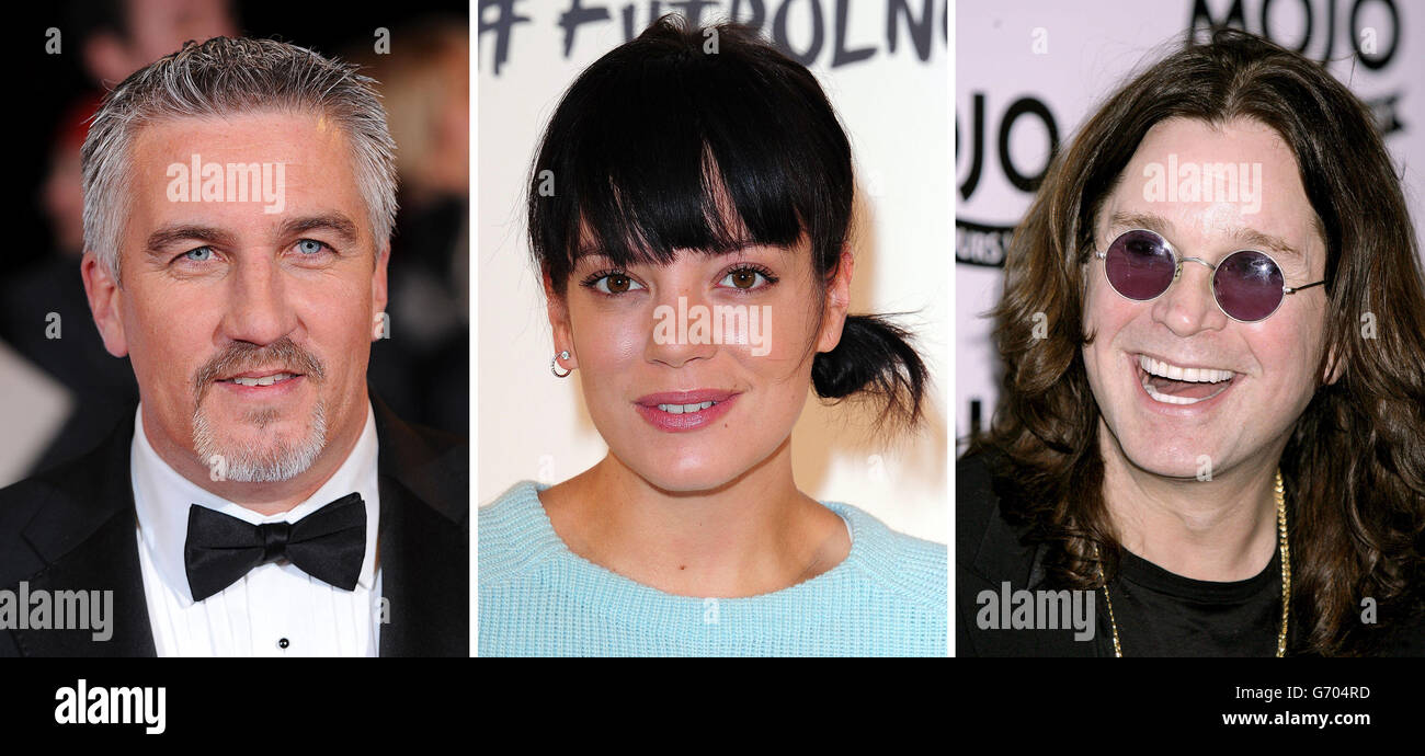 File photos of (from the left) Paul Hollywood, Lily Allen and Ozzy Osbourne. Stock Photo