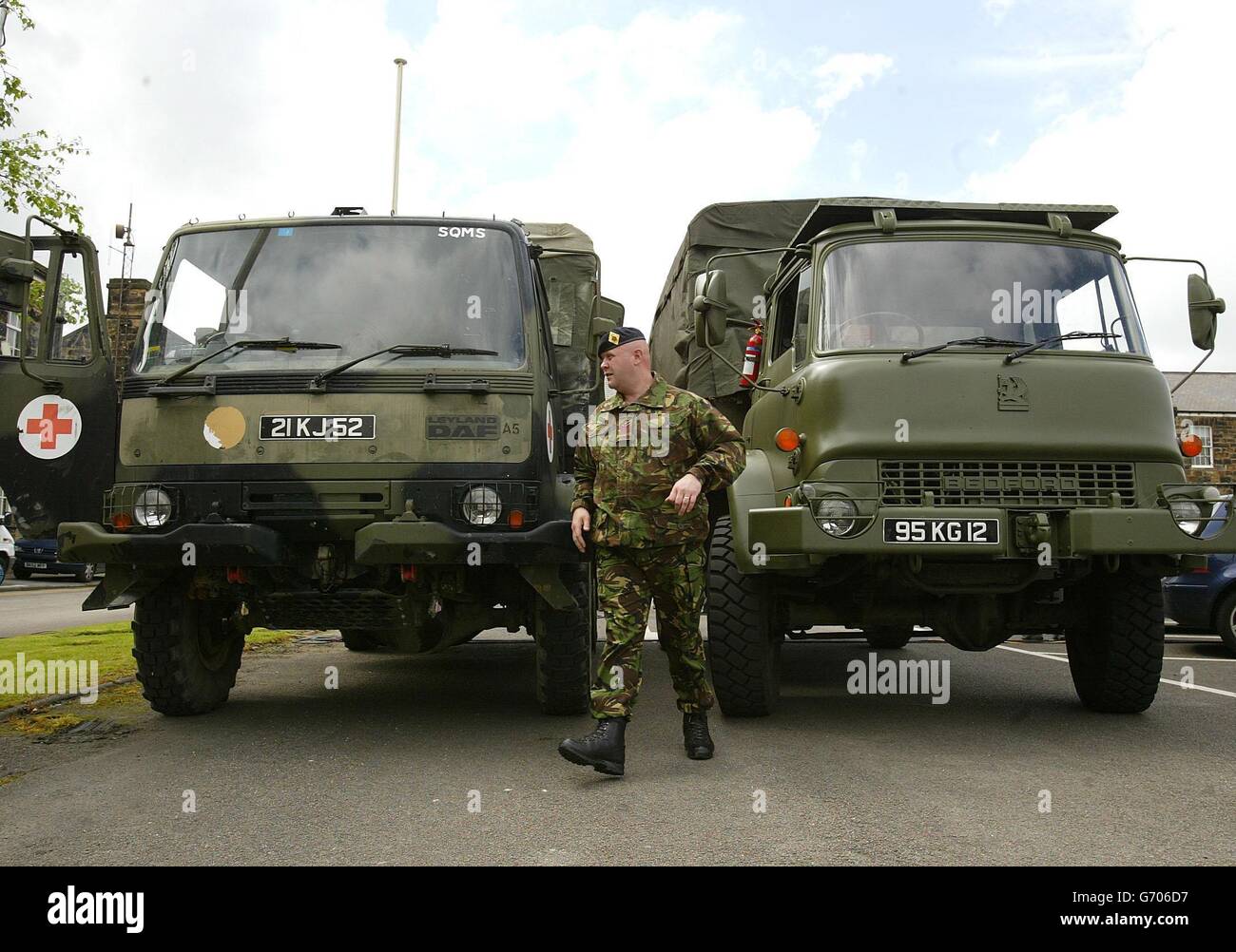 Two trucks used by The Queen's Lancashire Regiment, which were shown to the media at Fulwood Barracks in Preston, Lancashire. The one on the left, a four-ton Leyland Daf, was used by the QLR in Basra, Iraq, and the one on the right, a four-ton Bedford MK, is the type of vehicle in which the Army believes the pictures were taken but which has never been to Iraq. Stock Photo