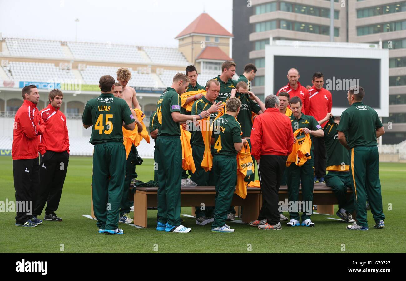 Nottinghamshire players get changed during the media day at Trent Bridge, Nottingham. Stock Photo