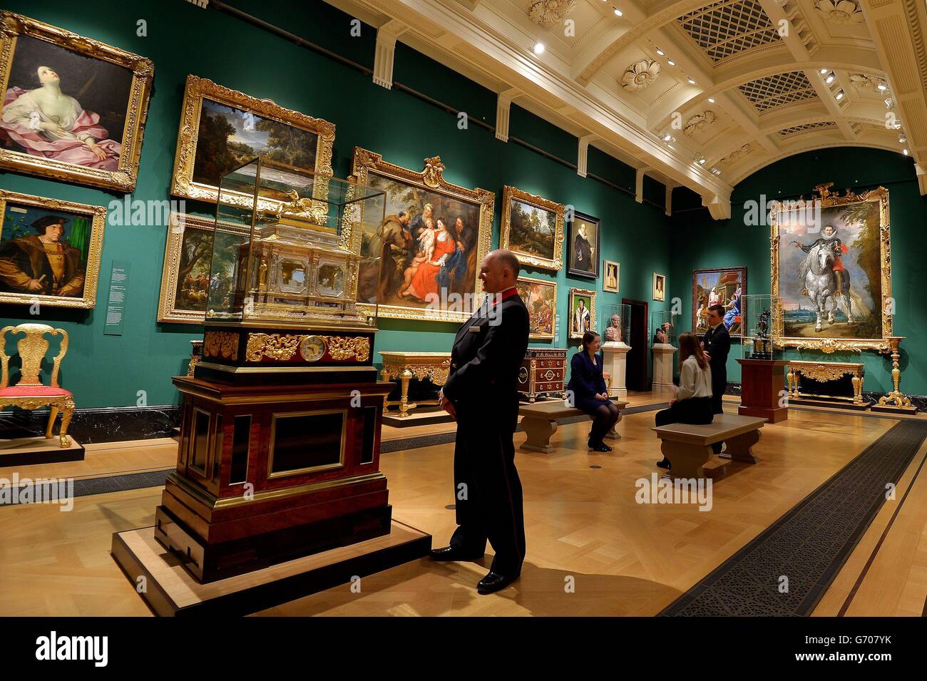 Some of the paintings and artifacts on show in the exhibition The First Georgians: Art and Monarchy 1714-1760 at the Queen's Gallery in Buckingham Palace in central London. Stock Photo