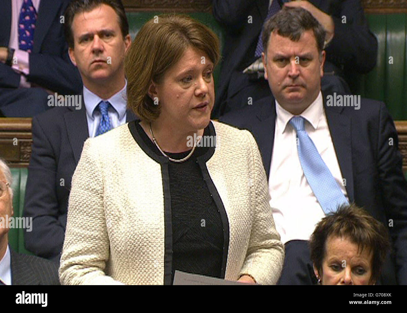 Previously unreleased video grab dated 03/04/14 of Maria Miller reading an apology statement in the House of Commons in London over her parliamentary expenses, she has now has resigned as the Culture Secretary. Stock Photo