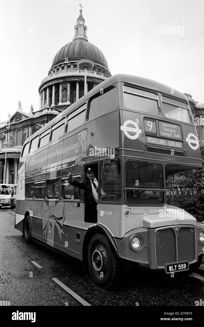 Going into service, one of 12 specially decorated buses that London Transport will be running on London routes to commemorate the Royal Wedding at St Paul's Cathedral. Stock Photo