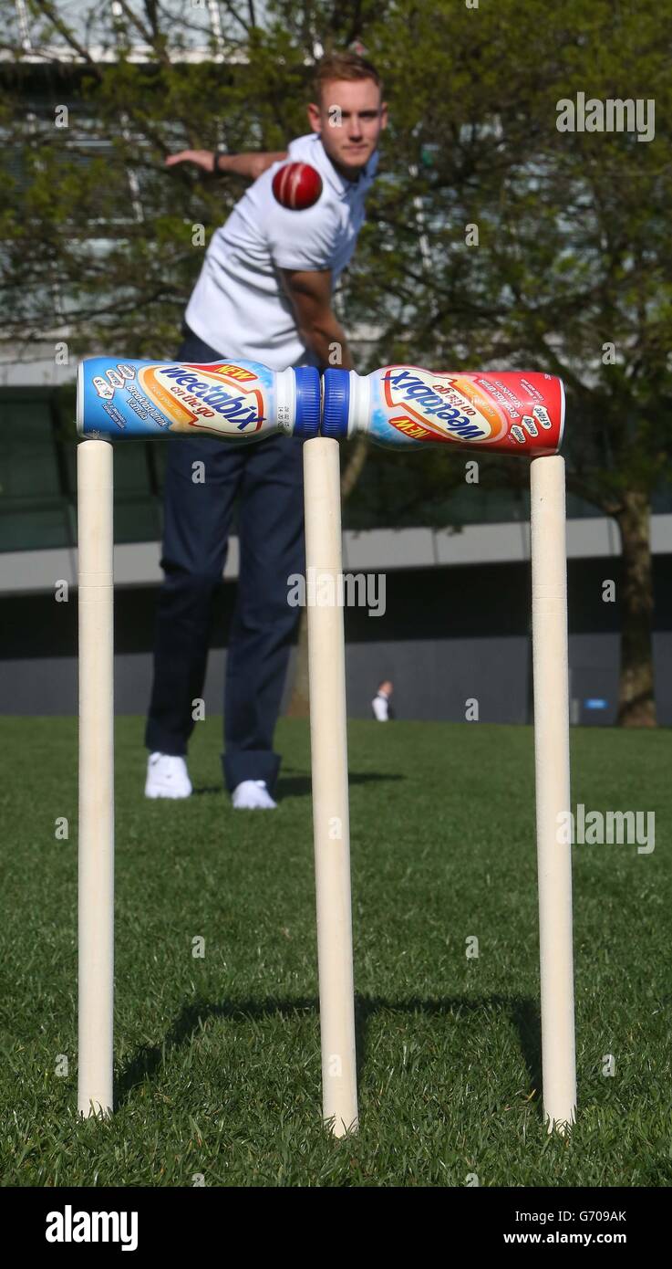 England cricketer Stuart Broad uses his trademark quick arm at Potters Field in central London, to launch Weetabix On the Go Breakfast Drinks. Stock Photo
