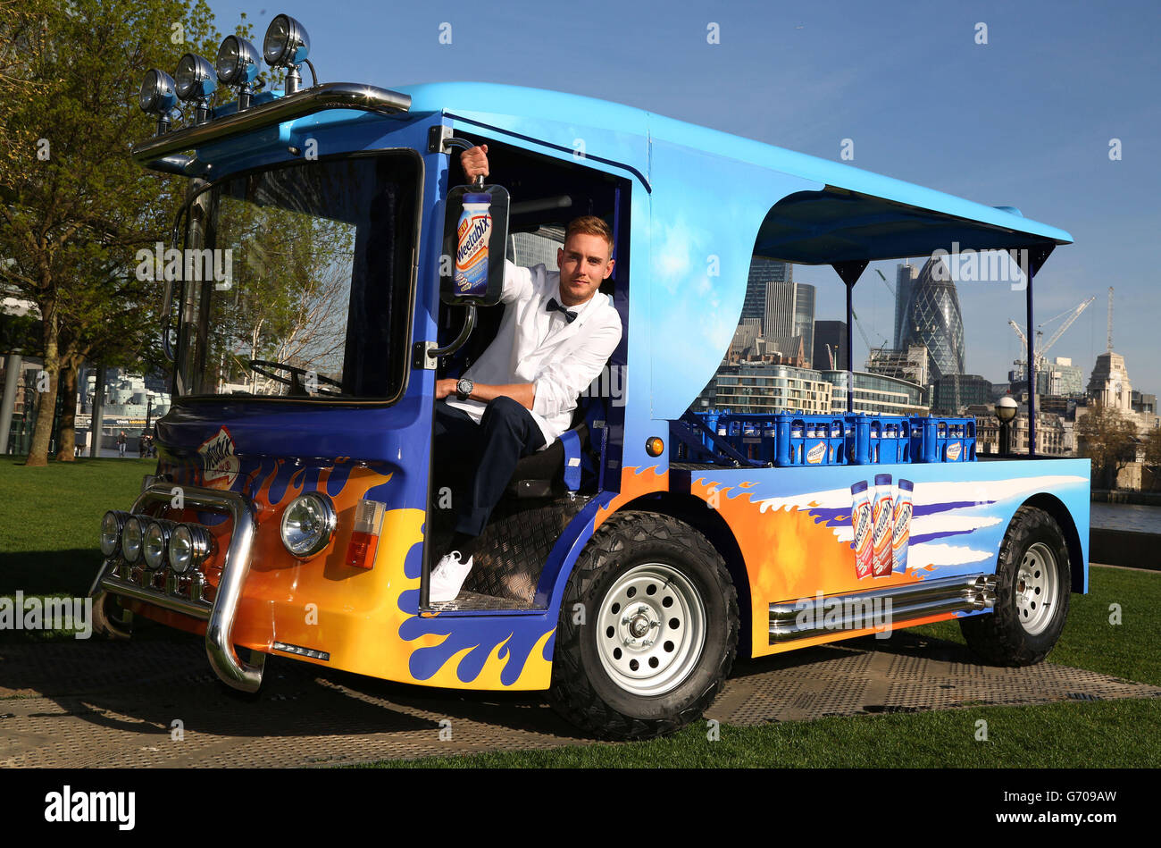 England cricketer Stuart Broad sits in a super-milk float at Potters Field in central London, to launch Weetabix On the Go Breakfast Drinks. Stock Photo