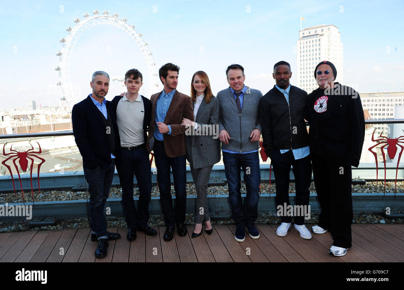 (Left to right) Matt Tolmach, Dane DeHaan, Andrew Garfield, Emma Stone, Marc Webb, Jamie Foxx and Avi Arad attending a photocall for new film The Amazing Spiderman at the Westminster Plaza Hotel, London. Stock Photo