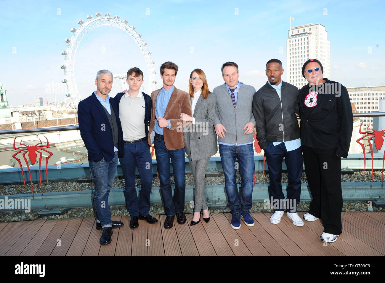 (Left to right) Matt Tolmach, Dane DeHaan, Andrew Garfield, Emma Stone, Marc Webb, Jamie Foxx and Avi Arad attending a photocall for new film The Amazing Spiderman at the Westminster Plaza Hotel, London. Stock Photo