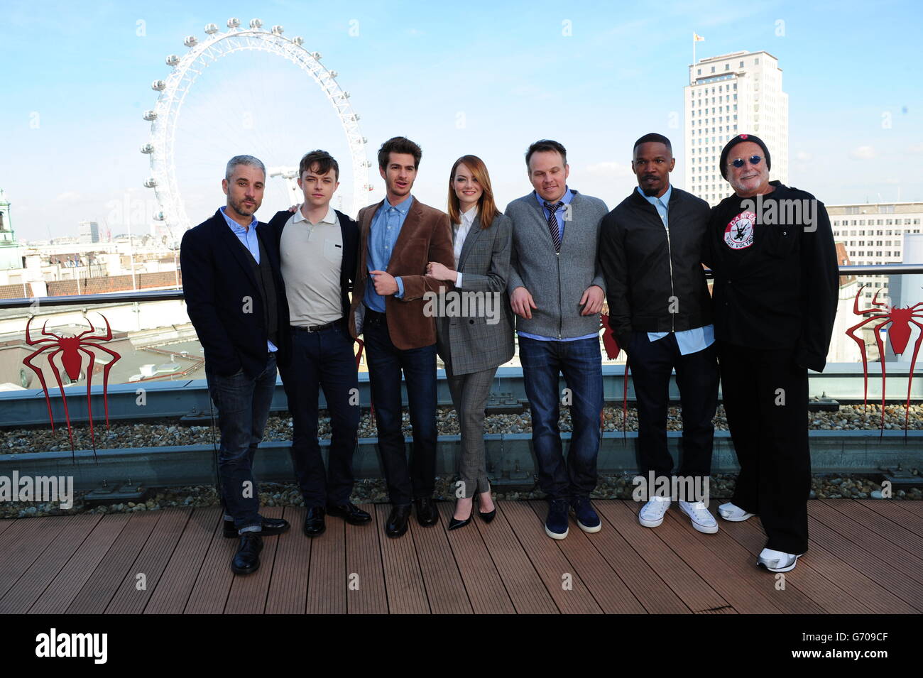 (Left to right) Matt Tolmach, Dane DeHaan, Andrew Garfield, Emma Stone, Marc Webb, Jamie Foxx and Avi Arad attending a photocall for new film The Amazing Spiderman at the Westminster Plaza Hotel, London. Stock Photo
