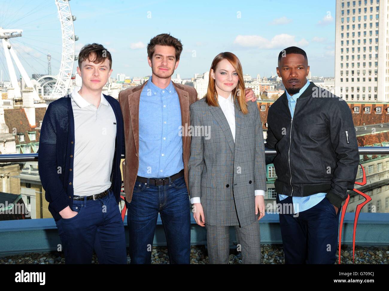 Dane DeHaan, Andrew Garfield, Emma Stone and Jamie Foxx attending a photocall for new film The Amazing Spiderman at the Westminster Plaza Hotel, London. Stock Photo