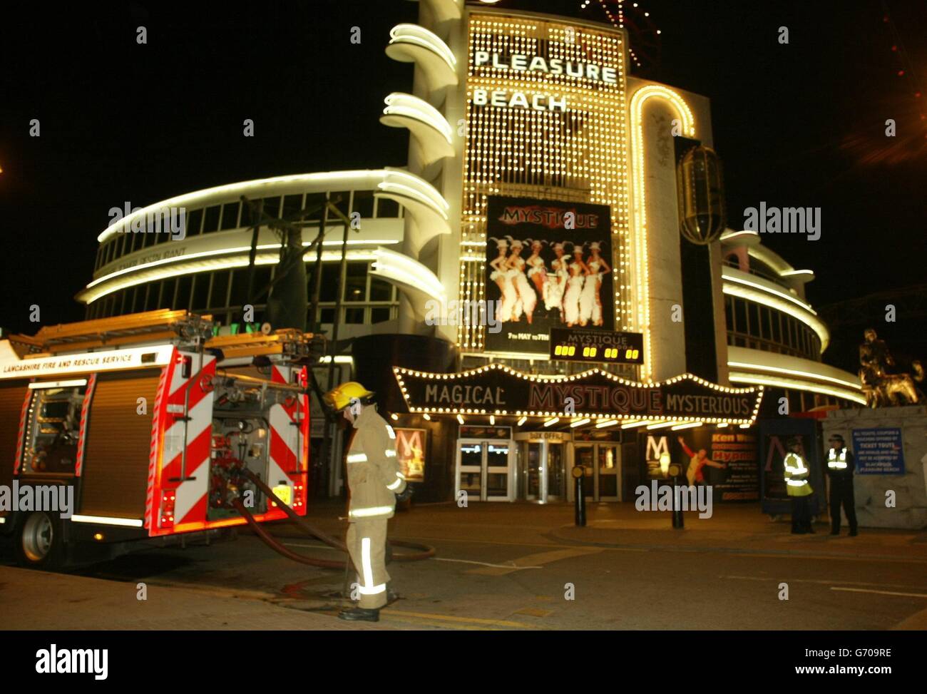 Firefighters at the scene, of a major fire at Blackpool Pleasure Beach. It us understood a number of buildings are on fire within the leisure complex. A spokeswoman for Lancashire Fire Service said they received an emergency call just before 9.30pm. She said a number of buildings were 'well alight'. Stock Photo