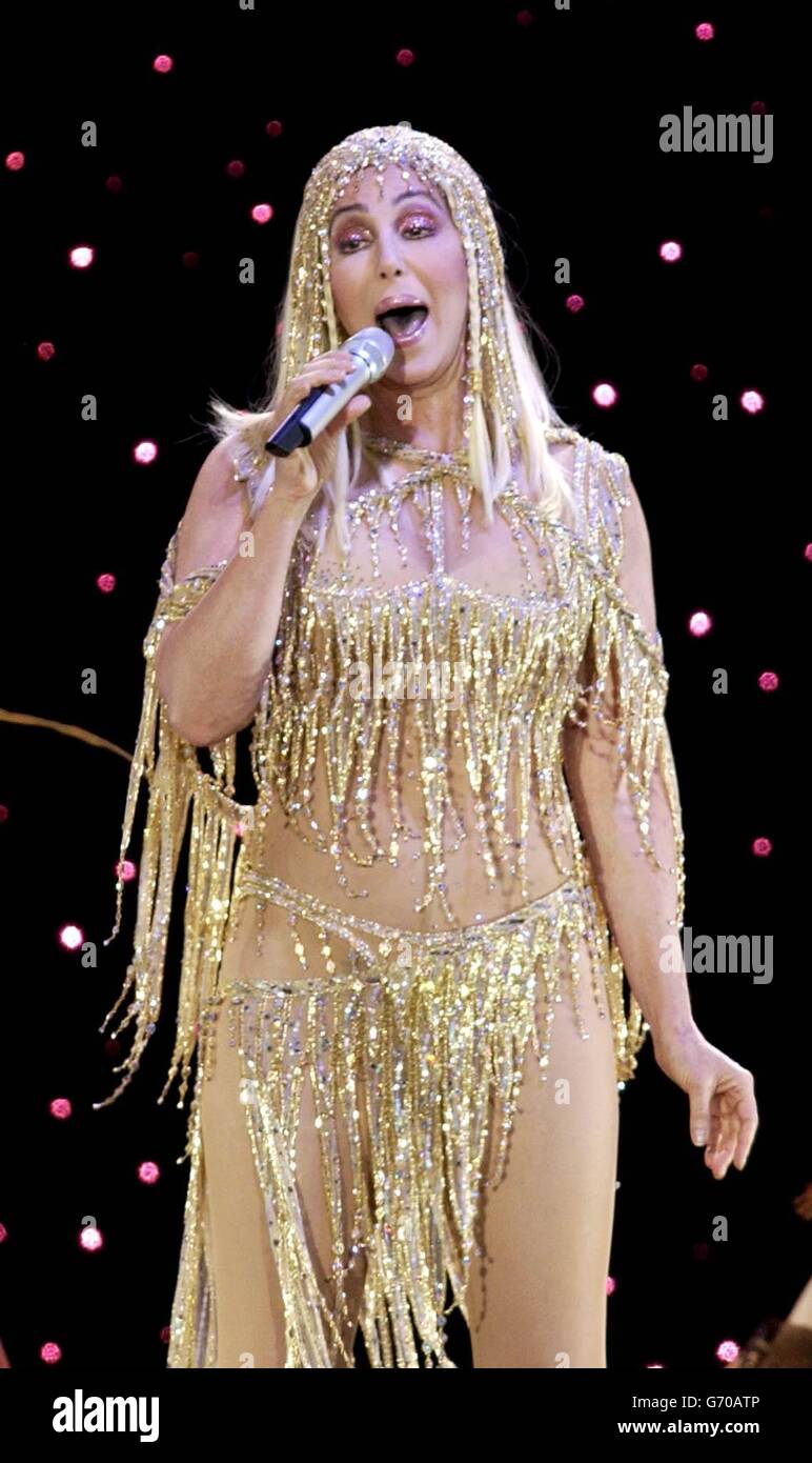 Singer Cher performs live on stage at Wembley Arena in north London as part of The Farewell Tour. Stock Photo