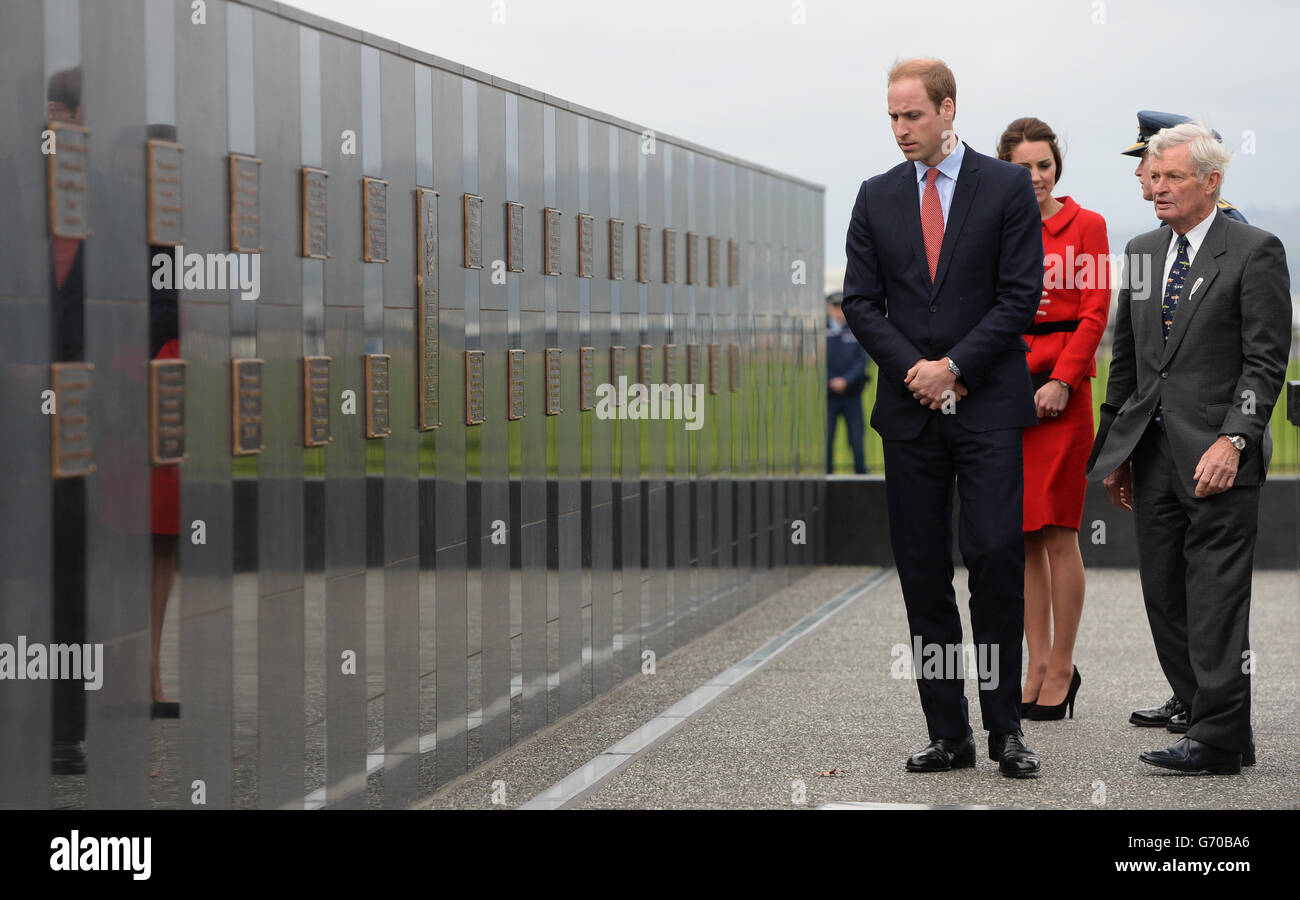 The Duke and Duchess of Cambridge view the RNZAF Memorial Wall at Wigram Air Force Base, Christchurch during the eighth day of their official tour to New Zealand. Stock Photo