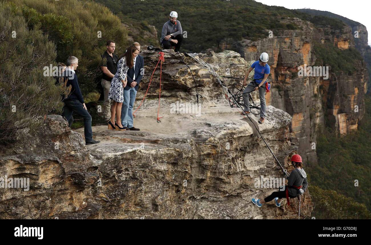 The Duke and Duchess of Cambridge visit the Narrow Neck Lookout and observe abseiling by the Mountain Youth Services group in the Blue Mountains town of Katoomba, west of Sydney. Stock Photo