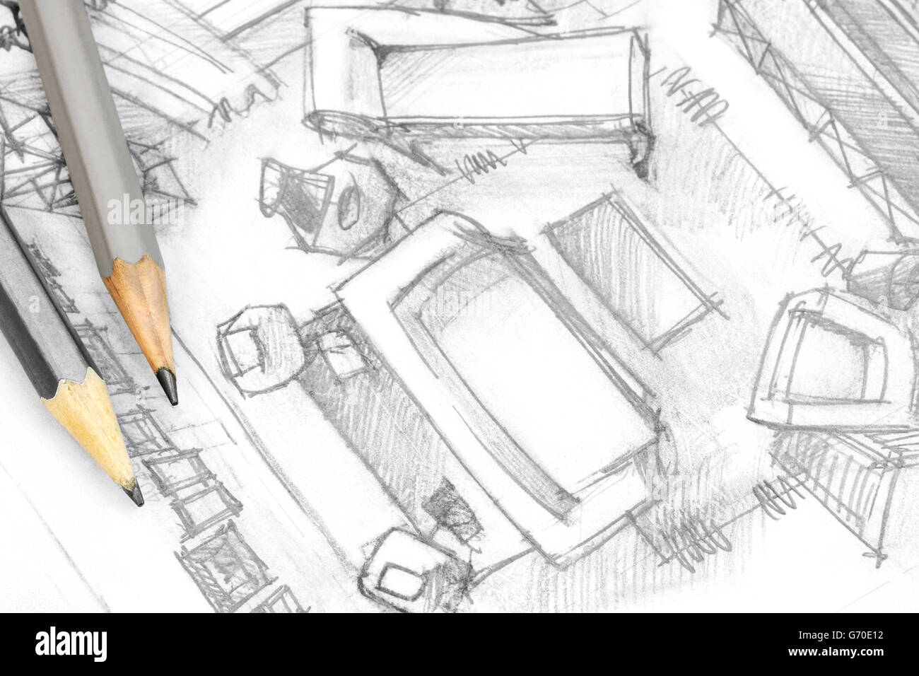 top view architectural graphical drawing of living room with drawing ...