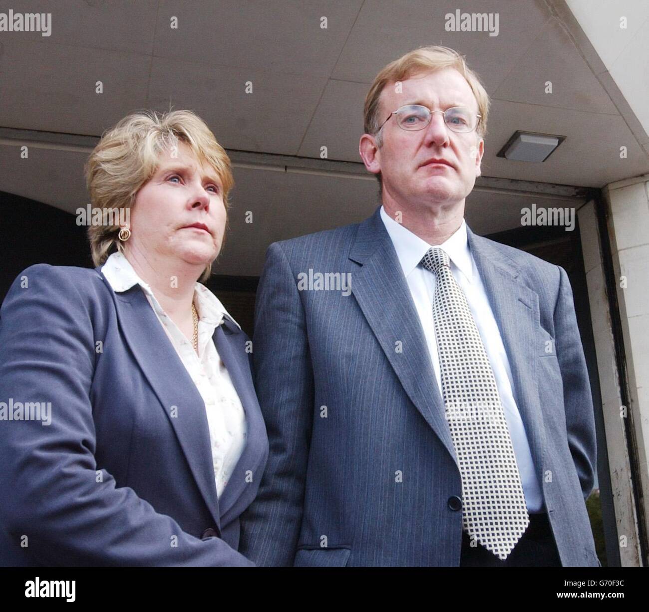 Consultant anaesthetist Robert Falconer, 45, with his wife outside Swansea Crown Court after being cleared by a jury of the manslaughter of a six-week-old baby boy. Dr Falconer walked free from court in tears after the week-long trial, where he admitted injecting air directly into the bloodstream of baby Aaron Havard during a routine operation to rectify a problem of thickening of the stomach wall at Singleton Hospital, Swansea, in April 2002. The jury found that the fatal error did not constitute gross negligence. Stock Photo
