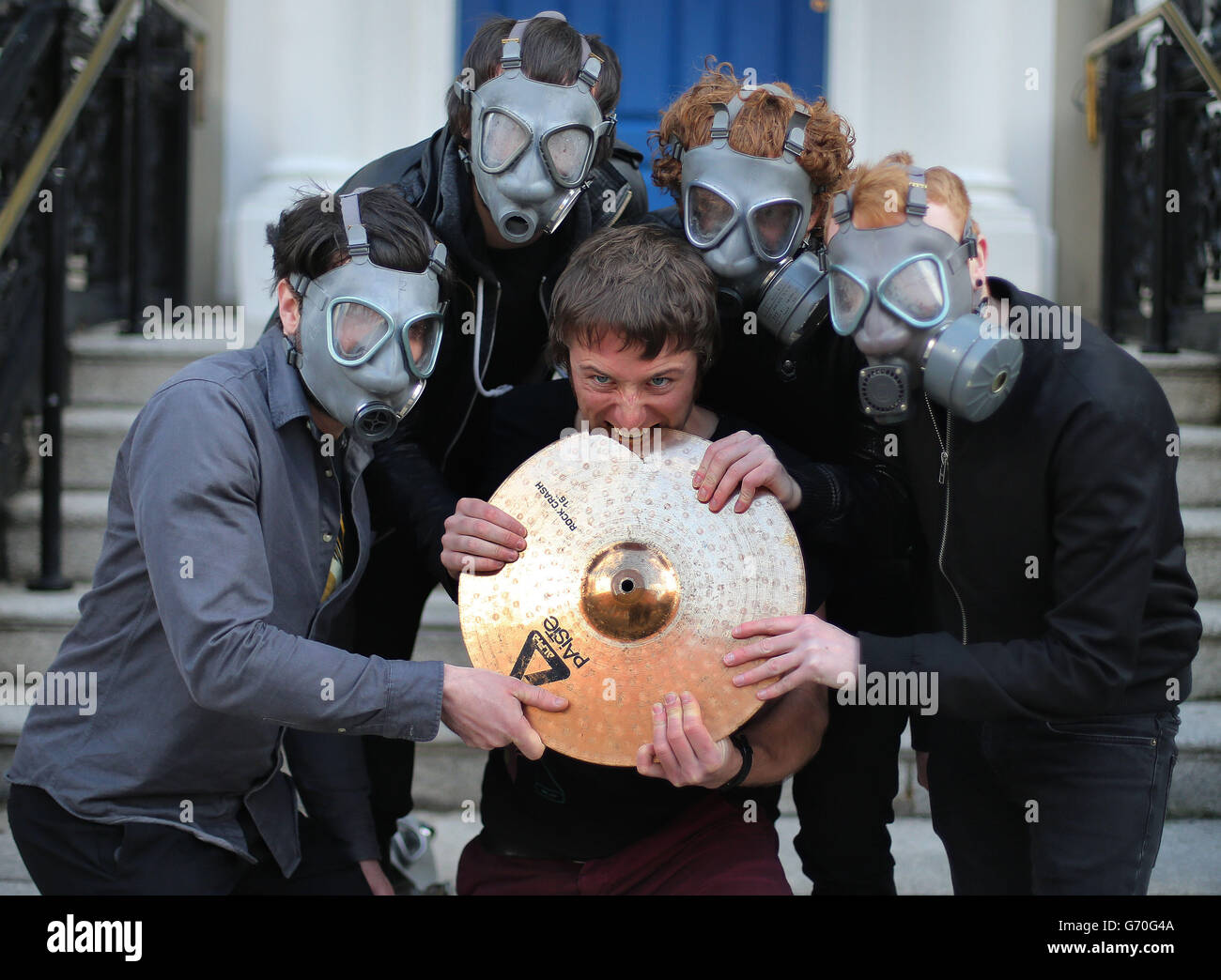 The Weapons of Mass Percussion pose for pictures at the Mansion House in Dublin at the launch of MusicTown, a brand new music festival for Dublin in 2015. Stock Photo