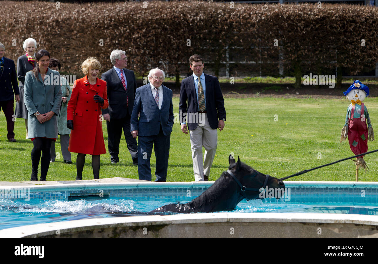 President of Ireland Michael D Higgins, wife Sabina Higgins, Trainer Andrew Balding and his wife Anna Lisa (left) watch a horse exercise in the Equine Pool at Park House Stables, Kingsclere, Newbury, Berkshire, during his state visit to the UK. Stock Photo