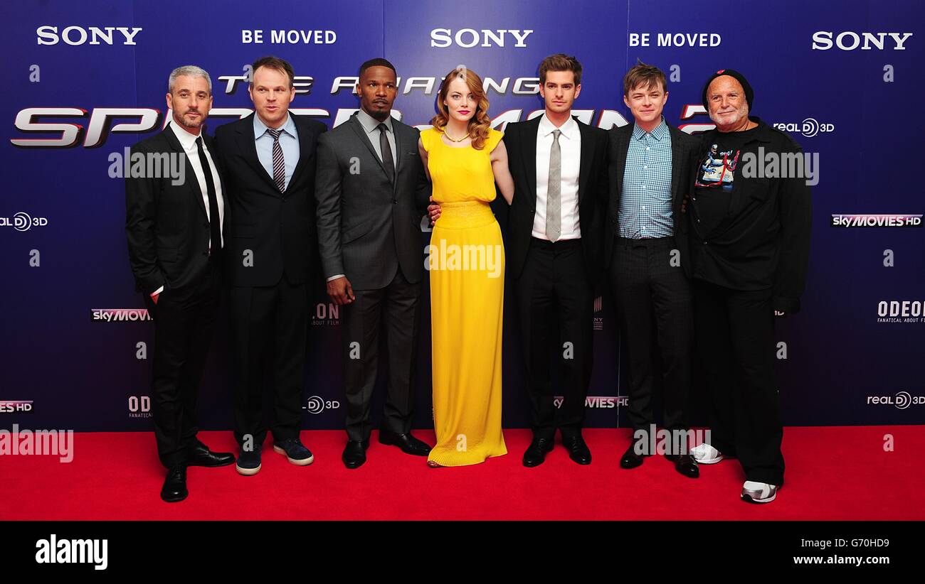 Matt Tolmach, Marc Webb, Jamie Foxx, Emma Stone, Andrew Garfield, Dane Dehaan and Avi Arad at the world premiere of the film The Amazing Spiderman 2, held at the Odeon Leicester Square, central London. Stock Photo