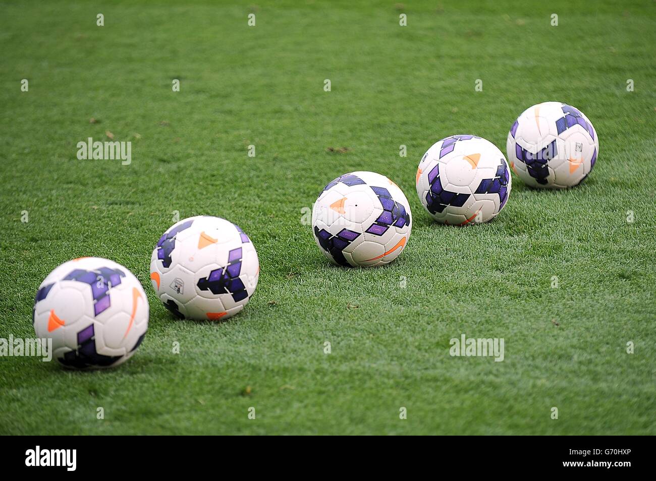 Soccer - Barclays Premier League - Fulham v Norwich City - Craven Cottage. Detail of official Nike match balls on the pitch Stock Photo