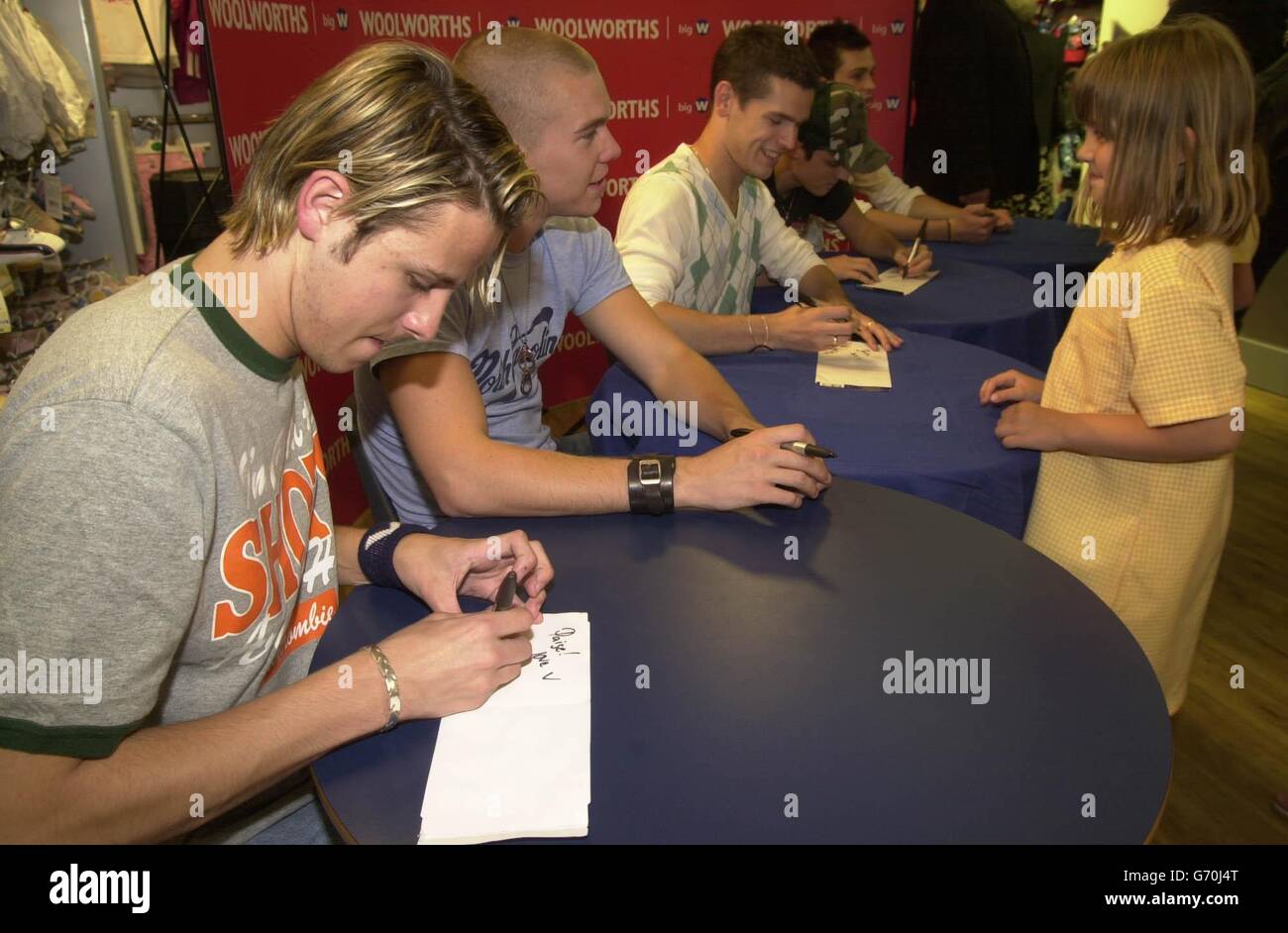 New boy band 'V' at a signing at Woolworths, Staines to launch their first single. Stock Photo
