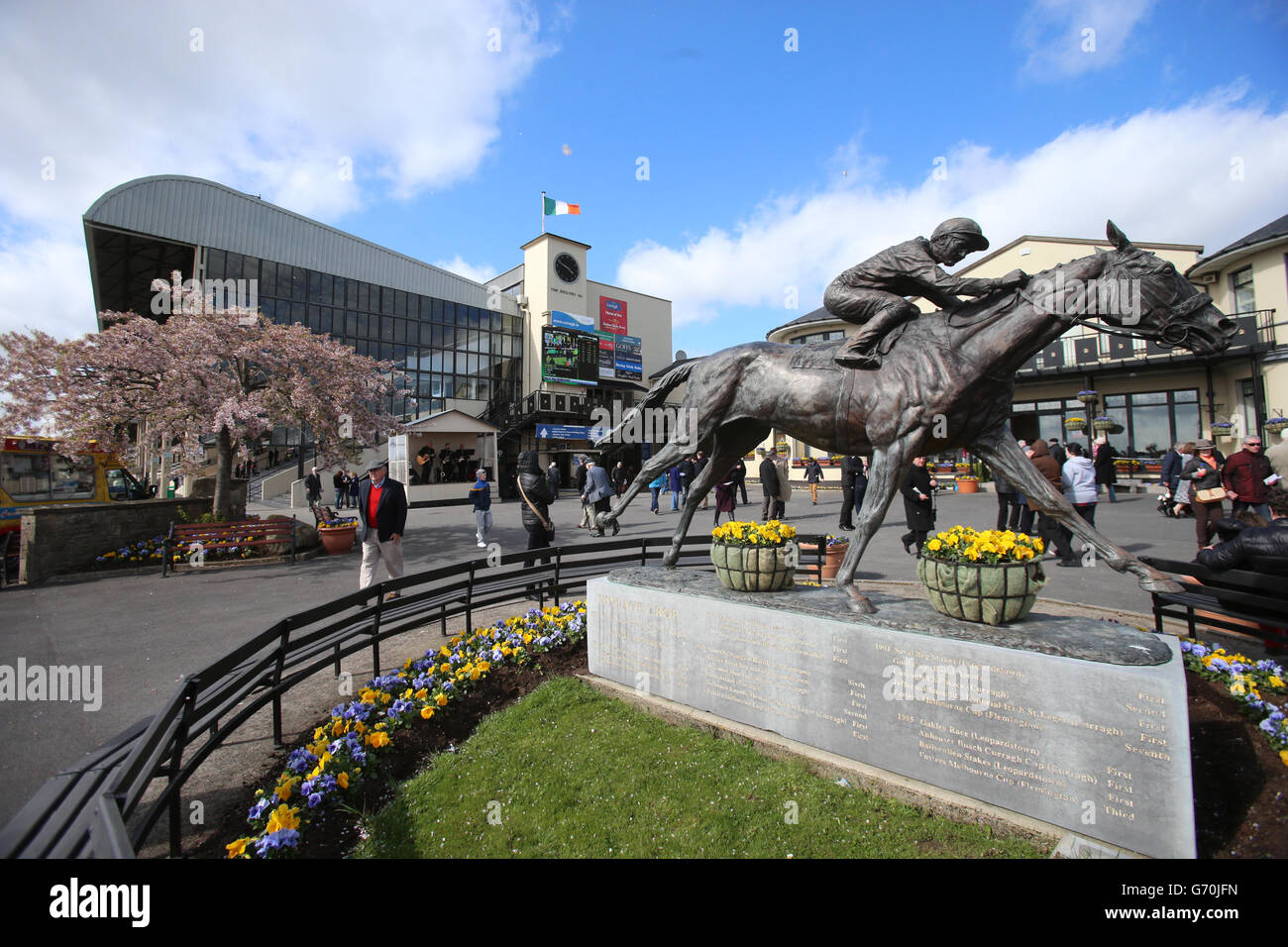 A stock picture of Vintage Crop Statue at the entrance to The Curragh Racecourse, Co Kildare, Ireland. Stock Photo