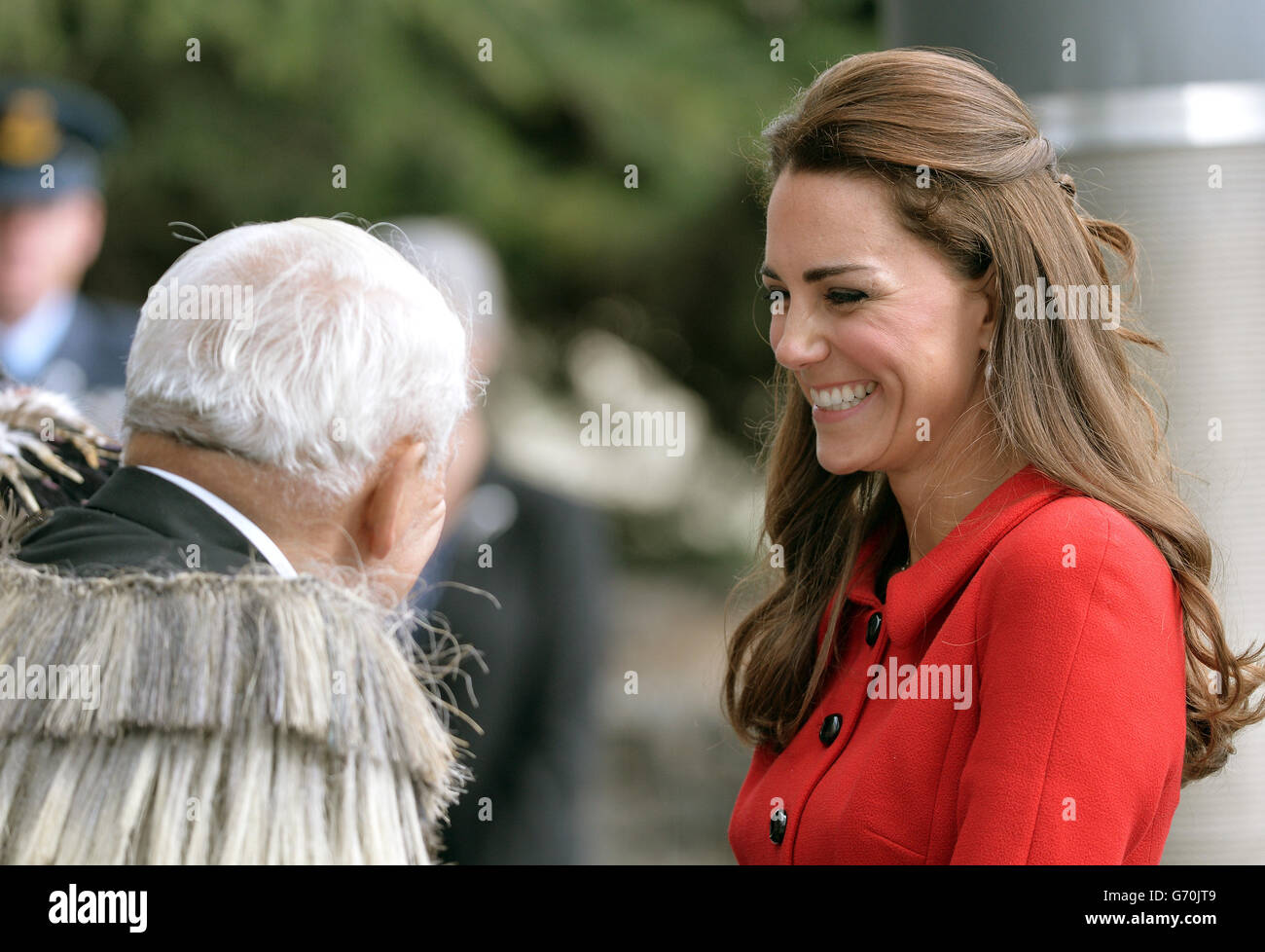 The Duchess of Cambridge performs a traditional greeting as the Duke and Duchess of Cambridge are greeted by members of the Ngai Tahu iwi as they attend a welcome ceremony at Christchurch City Council Building during the eighth day of their official tour to New Zealand. Stock Photo