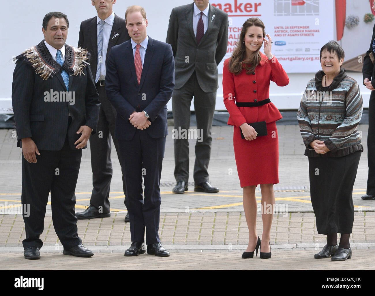 The Duke and Duchess of Cambridge are greeted by members of the Ngai Tahu iwi as they attend a welcome ceremony at Christchurch City Council Building during the eighth day of their official tour to New Zealand. Stock Photo