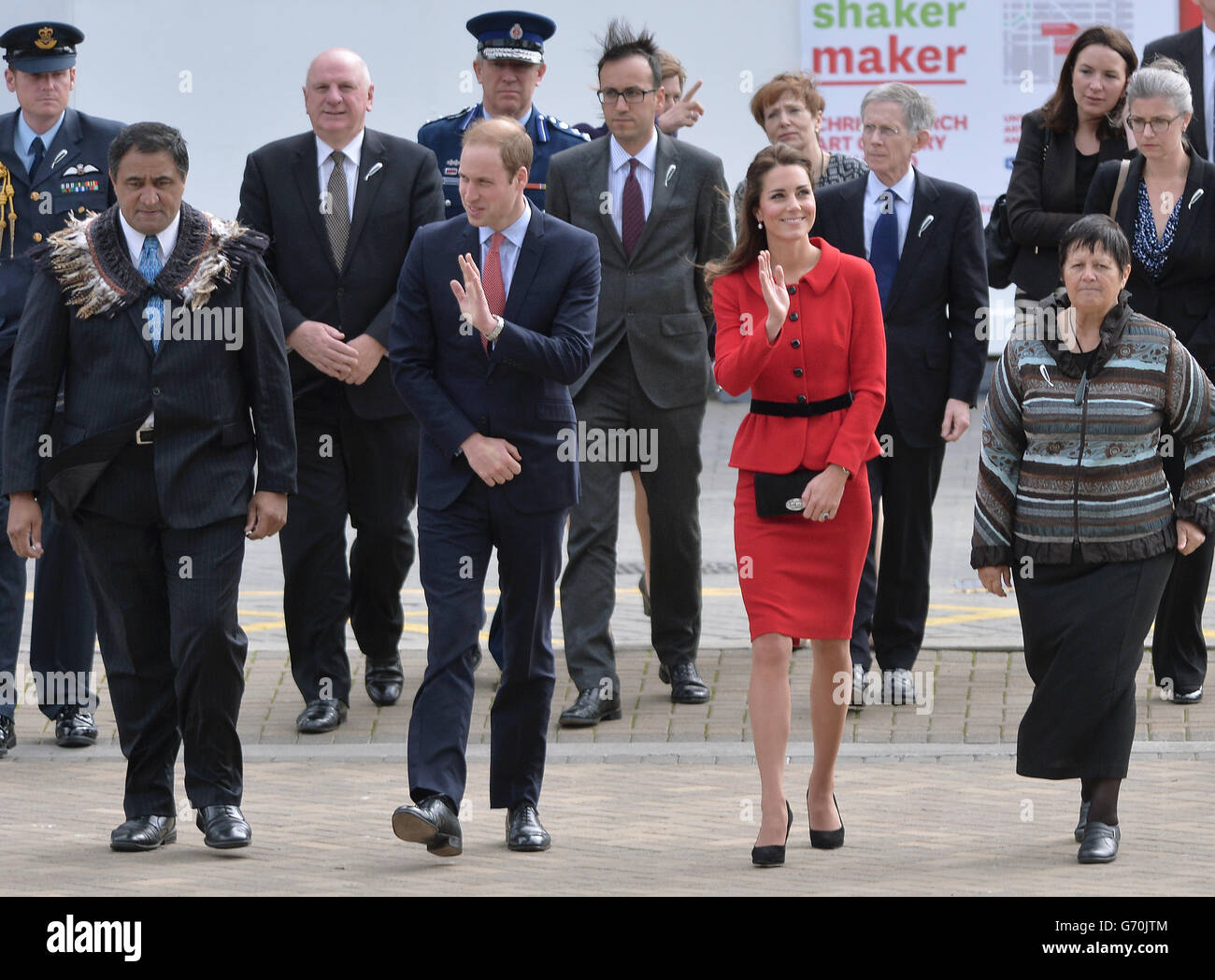 The Duke and Duchess of Cambridge are greeted by members of the Ngai Tahu iwi as they attend a welcome ceremony at Christchurch City Council Building during the eighth day of their official tour to New Zealand. Stock Photo