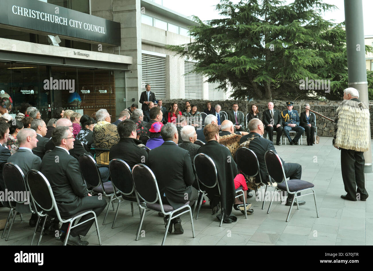 The Duke and Duchess of Cambridge are greeted by members of the Ngai Tahu iwi as they attend a welcome ceremony at Christchurch City Council Building during the eighth day of their official tour to New Zealand. Stock Photo