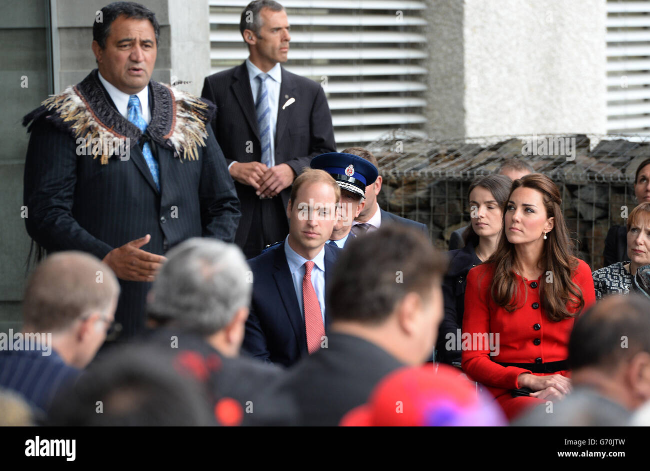 The Duke and Duchess of Cambridge are greeted by members of the Ngai Tahu iwi as they attend a welcome ceremony at Christchurch City Council Building during the eighth day of their official tour to New Zealand. Stock Photo