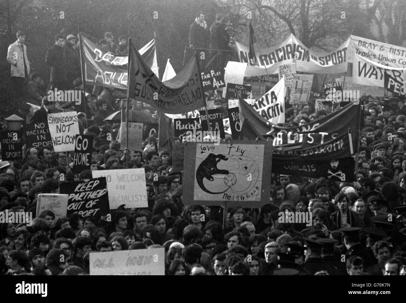 A forest of banners as a crowd of anti-apartheid demonstrators outside Lansdowne Road in Dublin, where South Africa were playing Ireland. Stock Photo