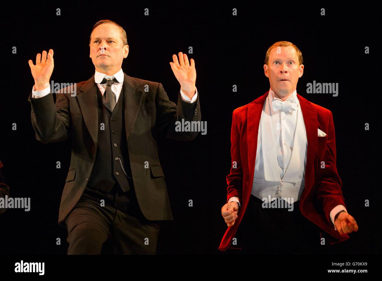 Mark Heap (left) as Jeeves and Robert Webb as Bertie Wooster at a photocall with the new cast of 'Jeeves and Wooster in Perfect Nonsense', at the Duke of York's Theatre, in central London. Stock Photo