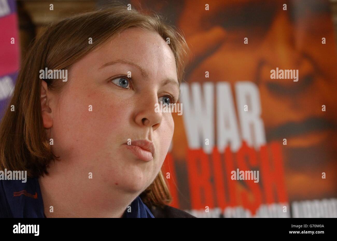 Clare Lee of the Dublin Grassroots Network who discussed with peace groups, during a press conference in Dublin, plans for demonstrating against President Bush visit to Irelend for next month's EU - U.S. summit. Stock Photo