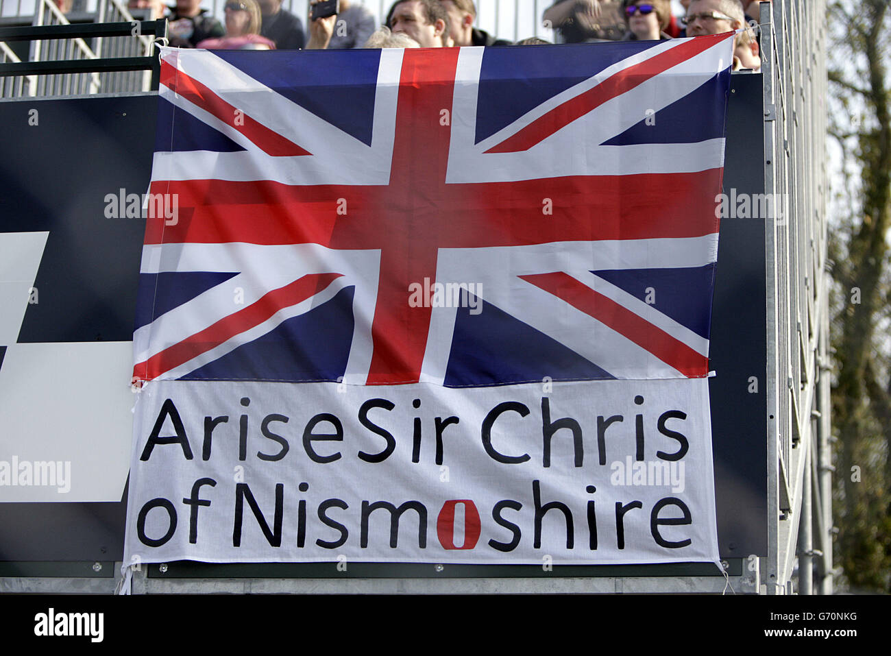 A banner showing support for Nissan GT Academy Team's Sir Chris Hoy during Race Two of the Avon Tyres British GT Championship at Oulton Park, Cheshire. Stock Photo