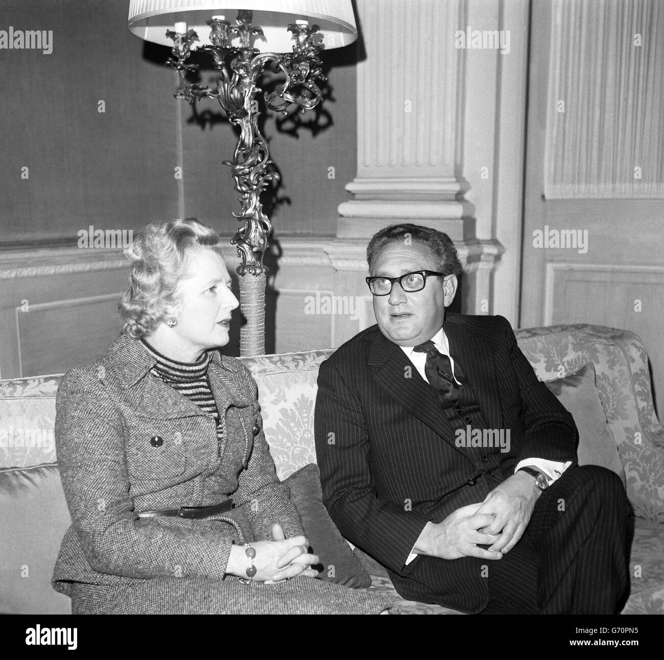 Breakfasting at Claridges Hotel, Opposition leader Mrs Margaret Thatcher and the American Secretary of State, Dr Henry Kissinger. Dr Kissinger, in Britain for a concentrated round of talks is due to return to Zurich after breakfast. Stock Photo