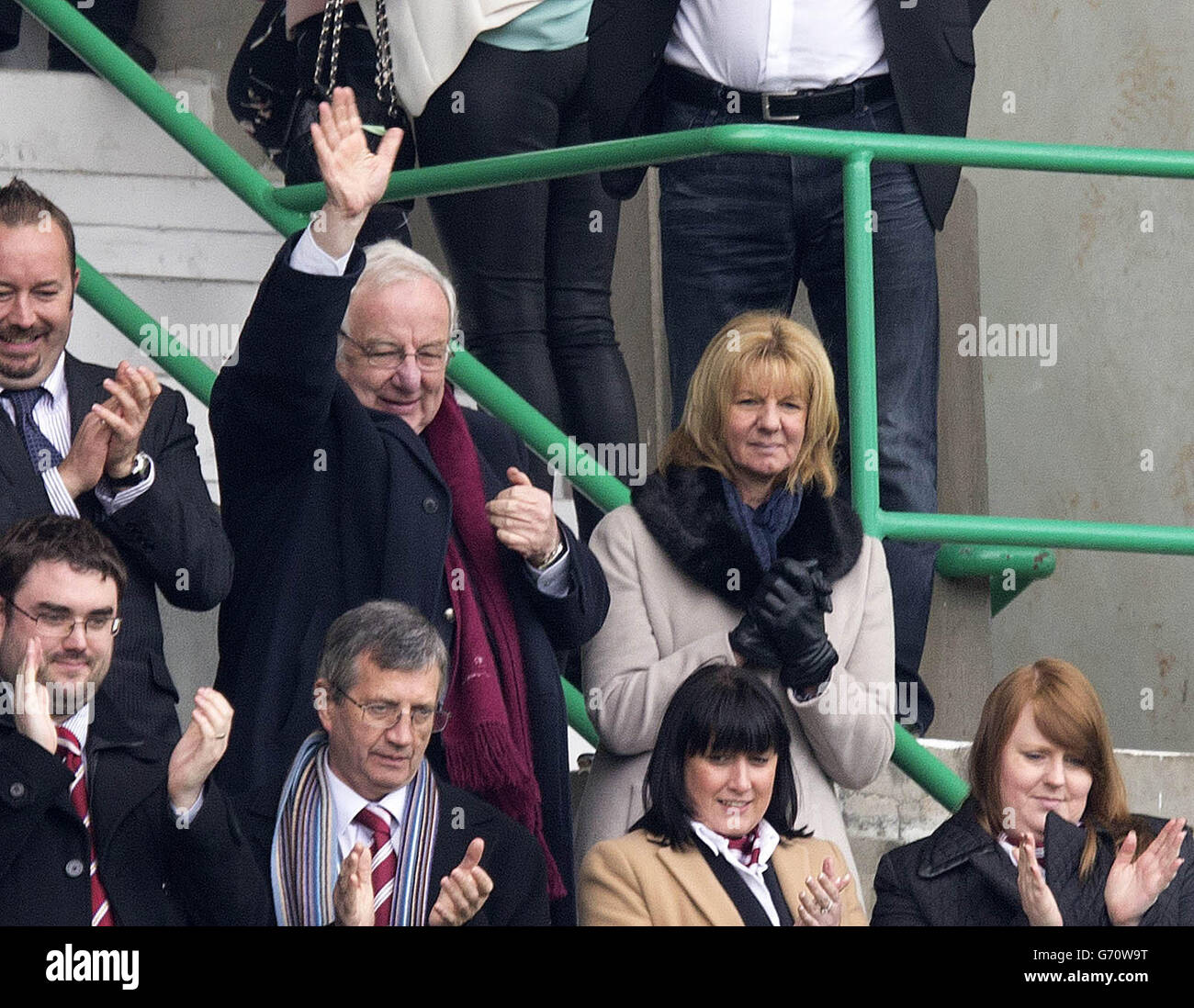 New Hearts owner Anne Budge (right) celebrates her teams win with former director George Faulkes during the Scottish Premier League match at Easter Road, Edinburgh. Stock Photo