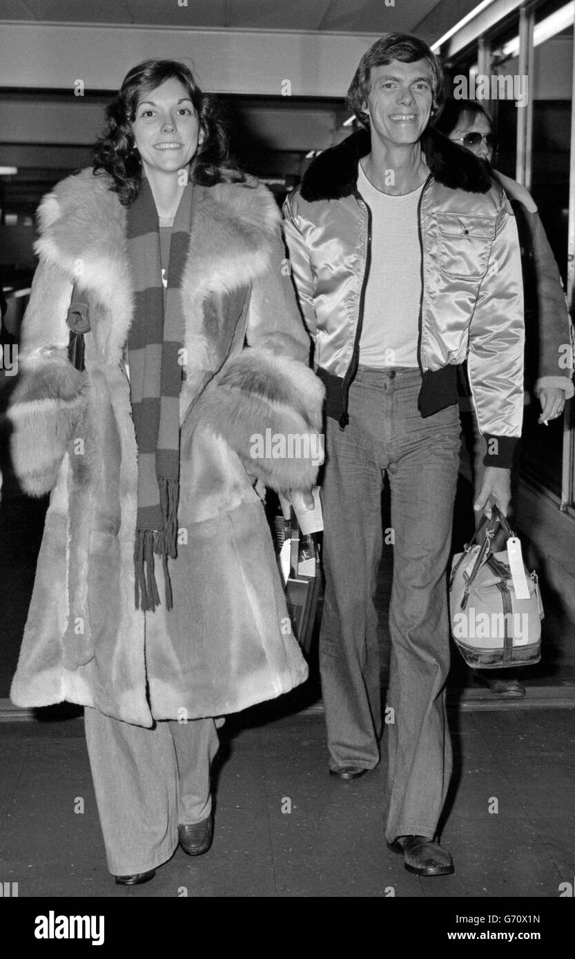 America's brother and sister singing duo, Karen and Richard Carpenter, at Heathrow Airport after their arrival from Los Angeles at the start of a European tour, which will include the London Palladium. Their UK tour last year had to be cancelled because Karen was ill. Stock Photo